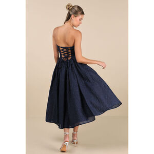 Lulus Analeia Dark Navy Jacquard Lace-up Strapless Midi Dress Blue - Size M